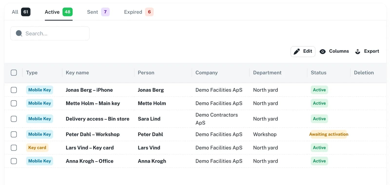 The keys list in the SnapKey dashboard